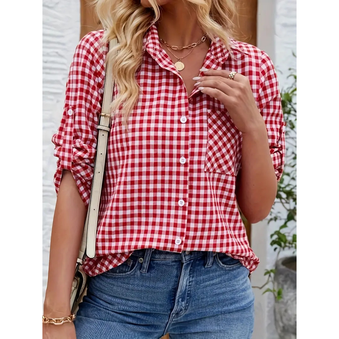 Camicia Donna Quadri Manica Lunga Colletto Casual