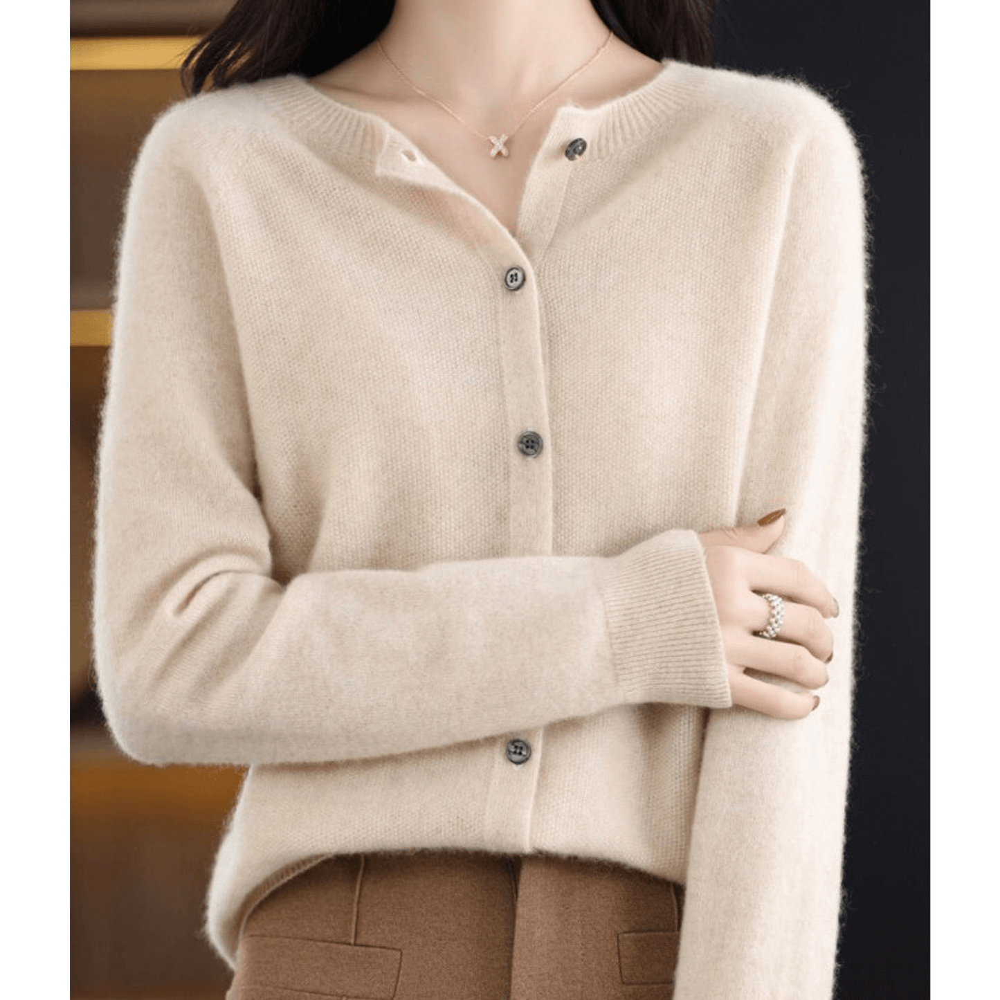 Cardigan Donna Maglia Fina Scollo Tondo Effetto Lana