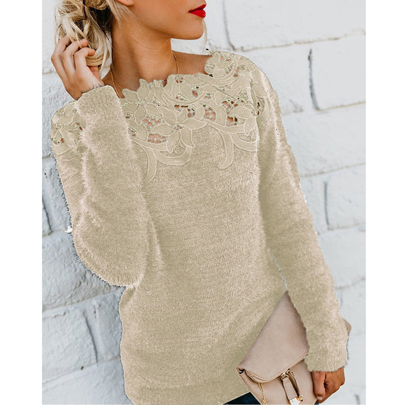 Maglione Donna con Inserti in Pizzo Girocollo
