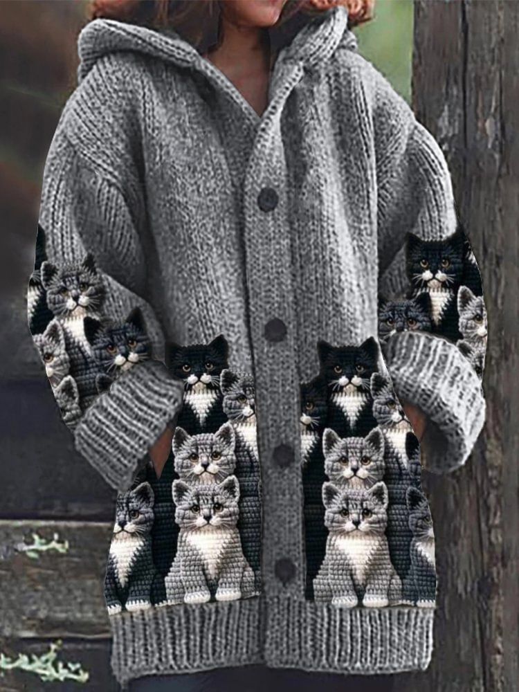 Cardigan Donna con Cappuccio Motivo Gatto