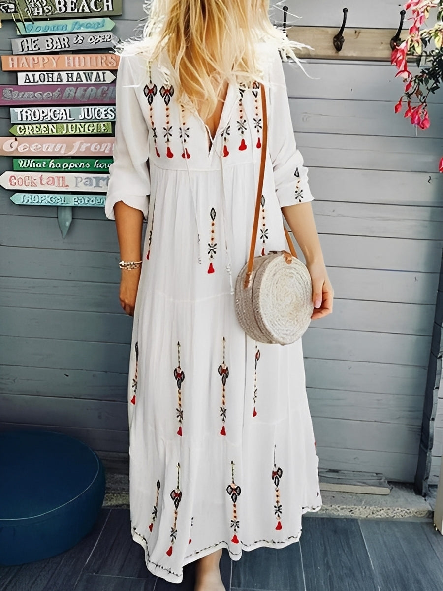 Abito Boho Donna in Jeans Scollo a V Floreale