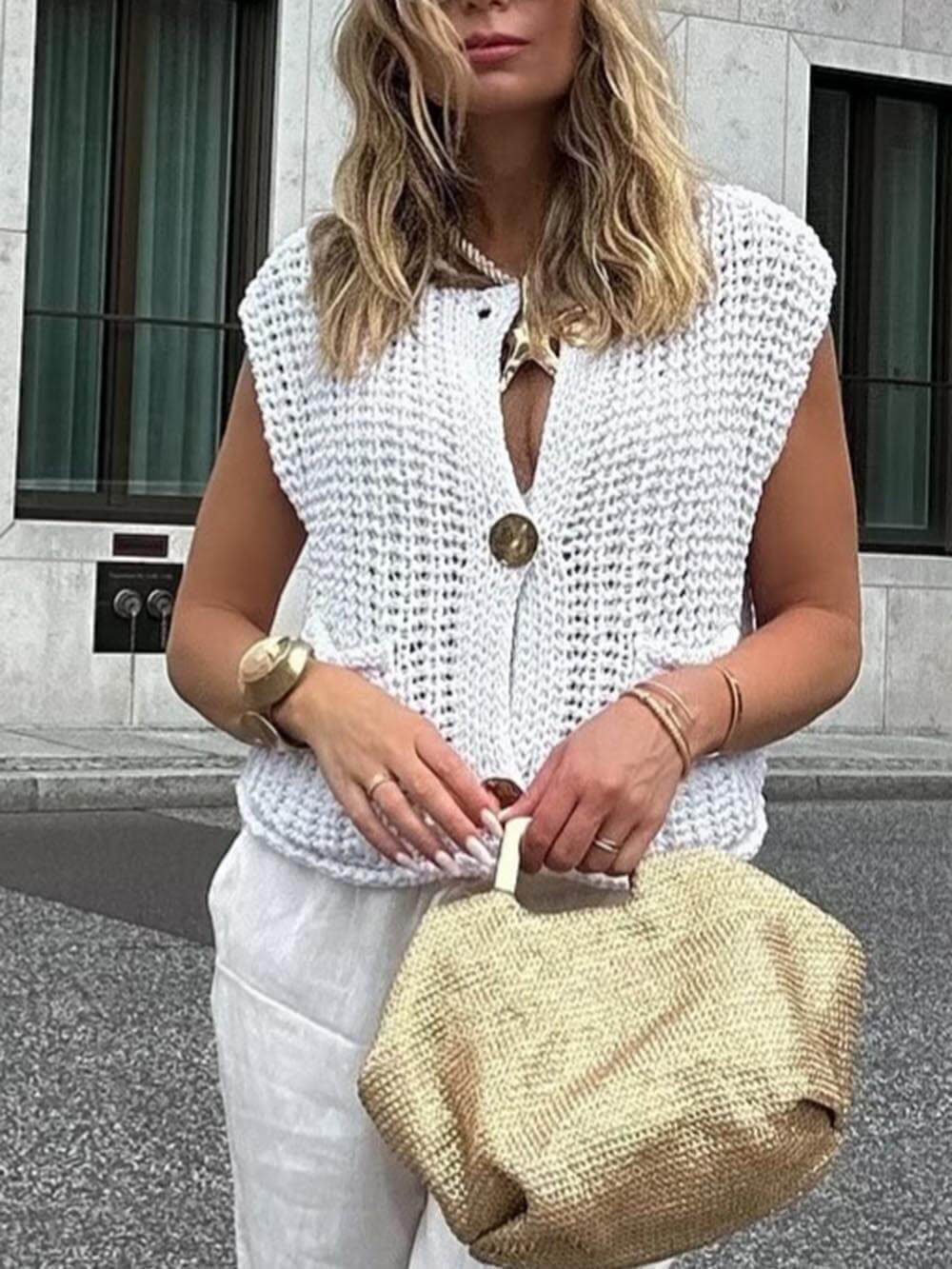 Cardigan Corto Donna Senza Maniche in Maglia con Tasche
