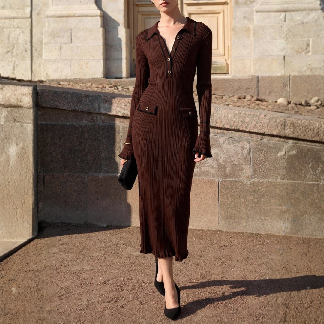 Abito Midi Donna in Maglia Costine con Bottoni Frontali