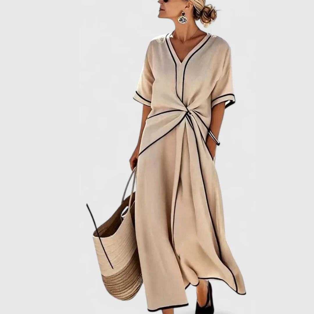 Abito Midi Donna Scollo a V con Cintura a Nodo