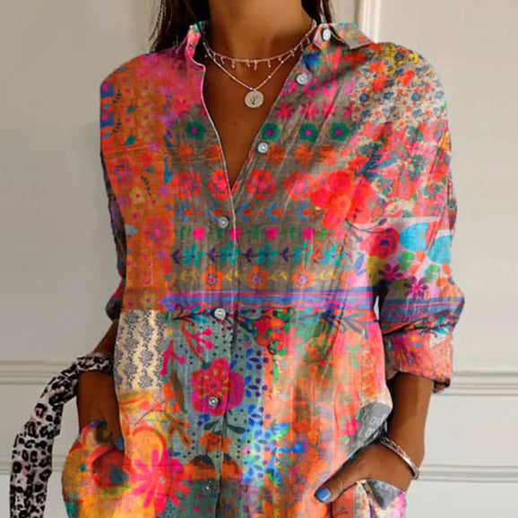 Blusa Donna Manica Lunga Stampa Floreale Elegante