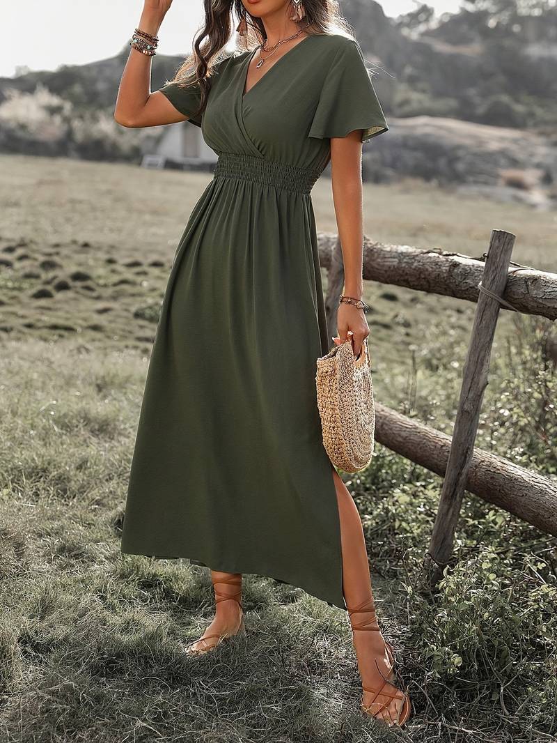 Abito Maxi Donna Scollo a V Stile Boho Elegante