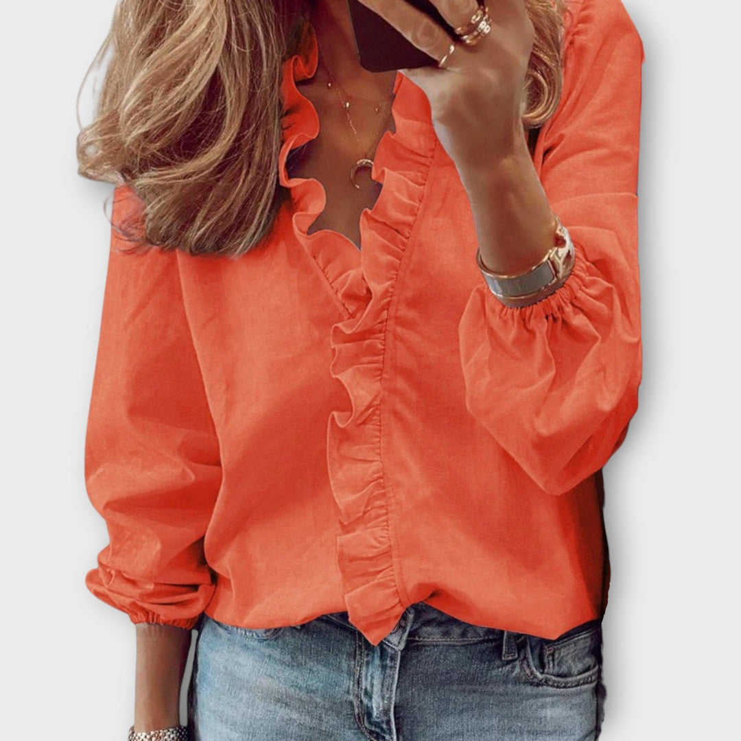 Blusa Donna Manica Lunga Scollo a V con Ruches