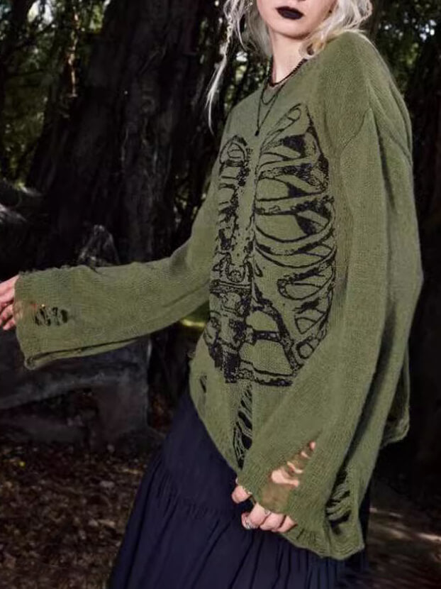 Maglione Uomo Manica Lunga Stile Scheletro Strappi