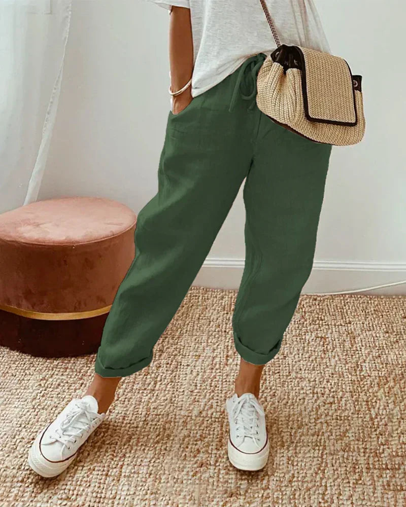 Pantaloni Lino Donna Vita Elastica Vestibilità Ampia