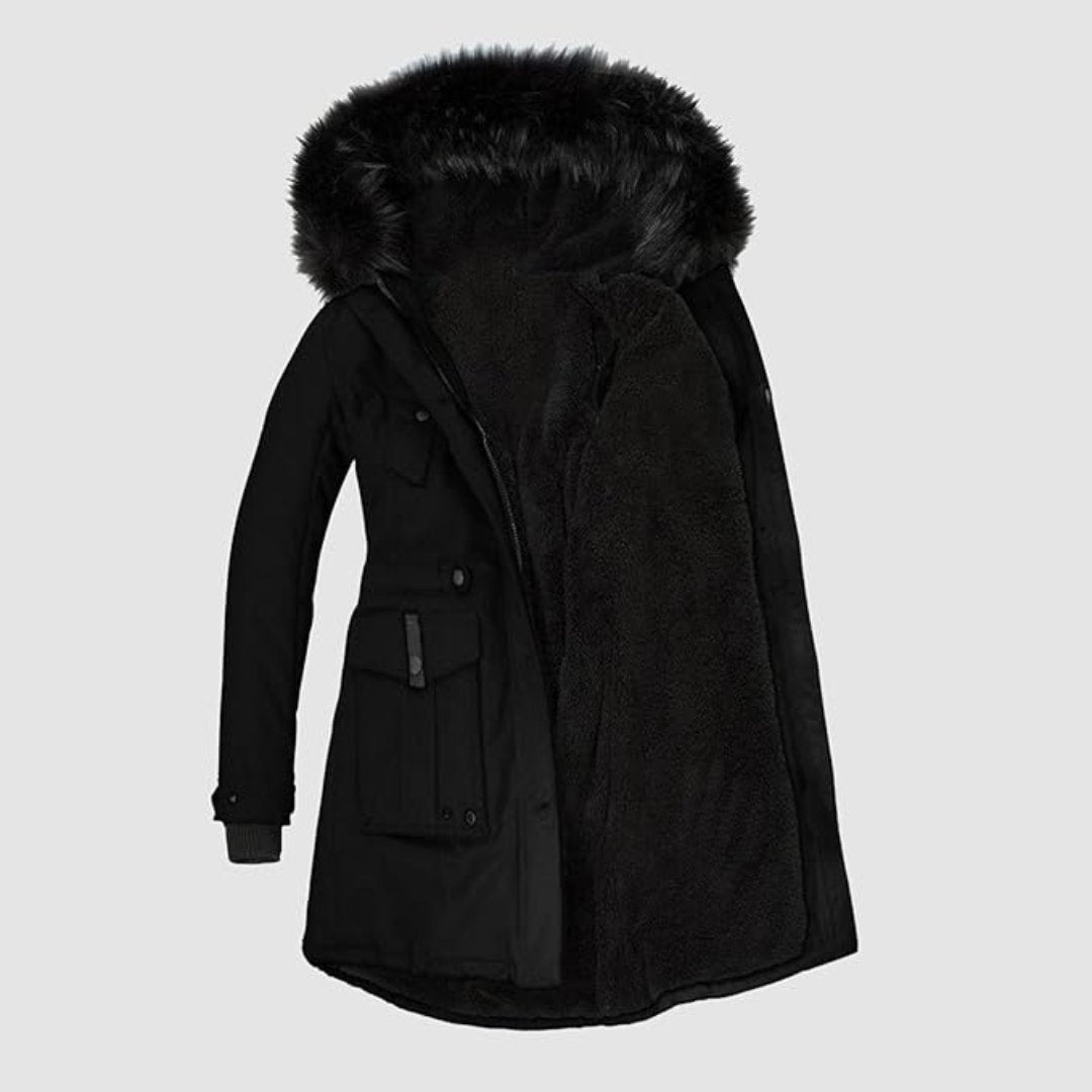 Giacca Invernale Donna Lunga con Bordo in Ecopelliccia