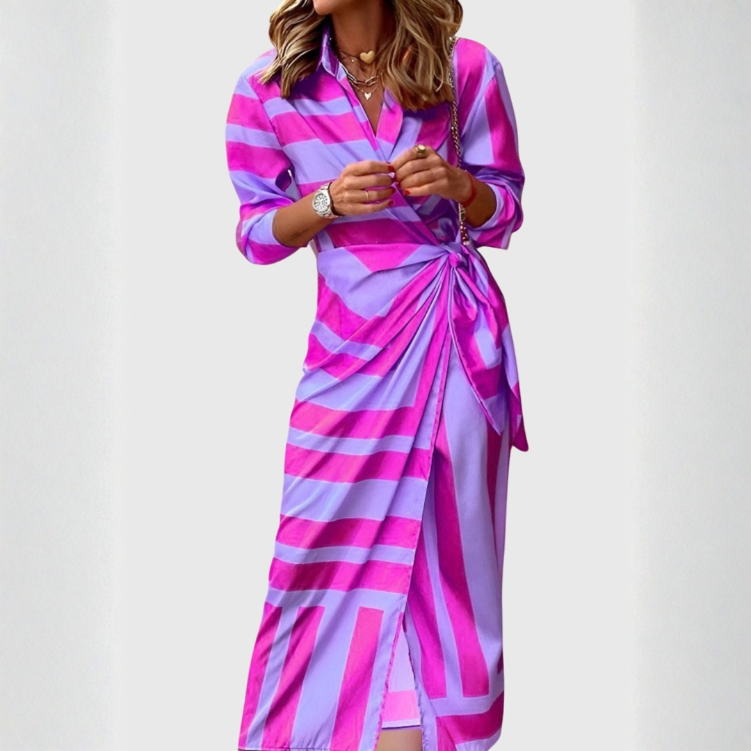 Abito Midi Donna a Righe Stile Portafoglio