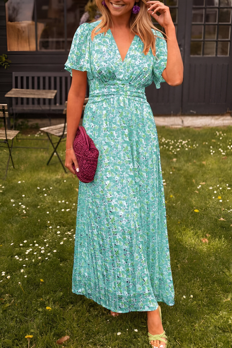 Abito Maxi Donna con Stampa Floreale Manica Corta