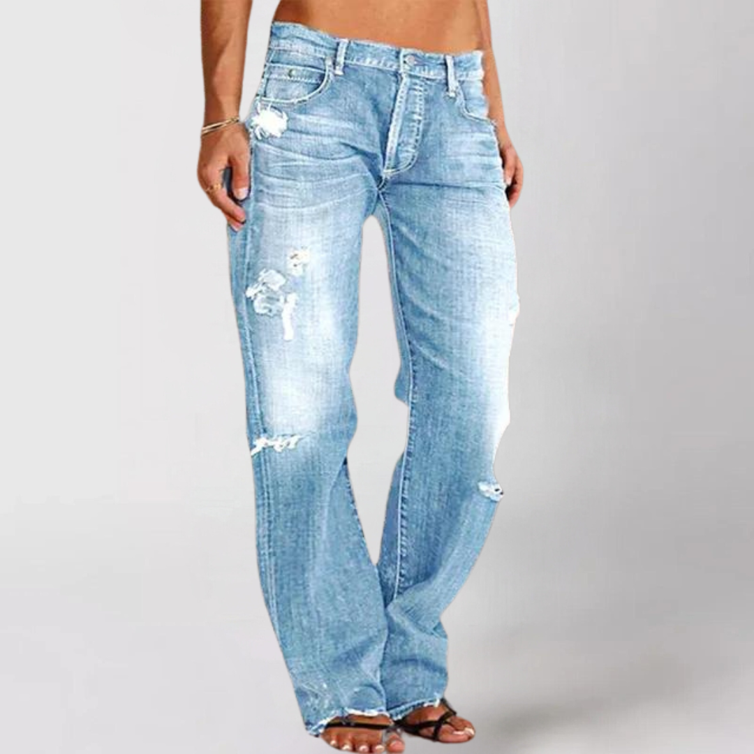 Jeans Donna Vita Alta Strappati Taglio Dritto