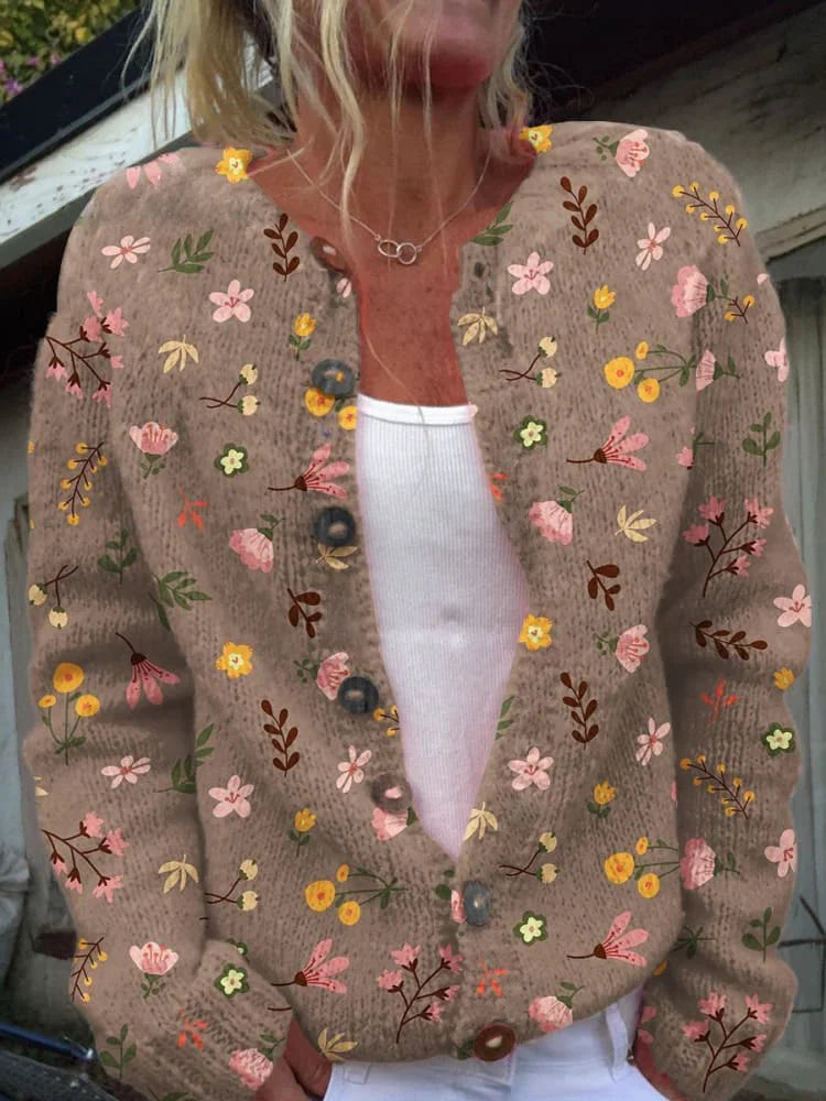 Cardigan Donna con Ricamo Floreale e Bottoni