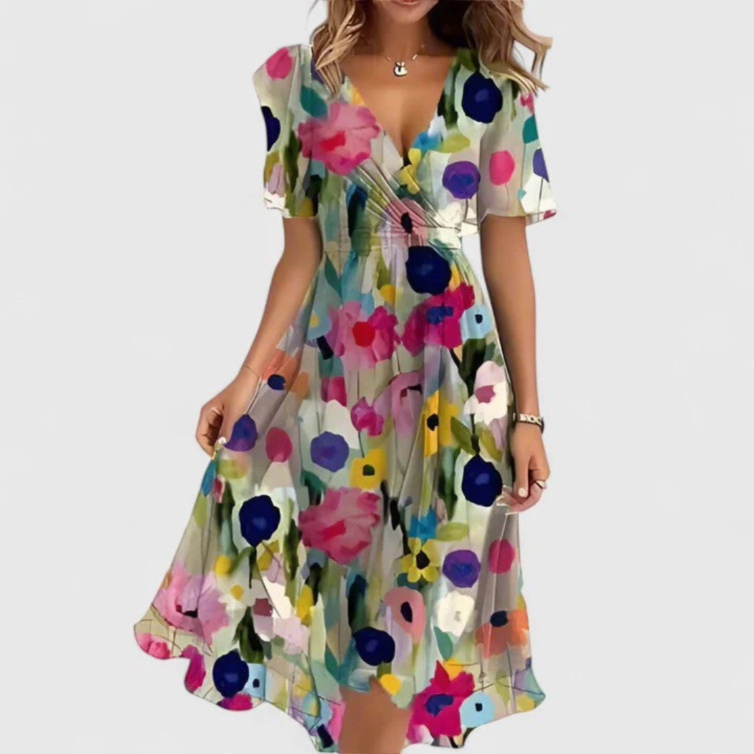 Abito Midi Donna con Scollo a V e Stampa Floreale