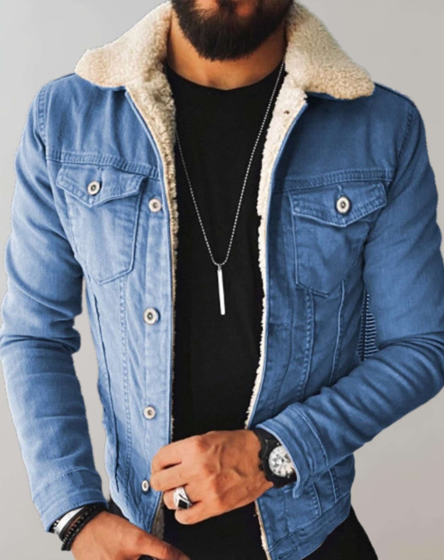 Giacca Denim Uomo con Colletto in Pile e Tasche Multiple