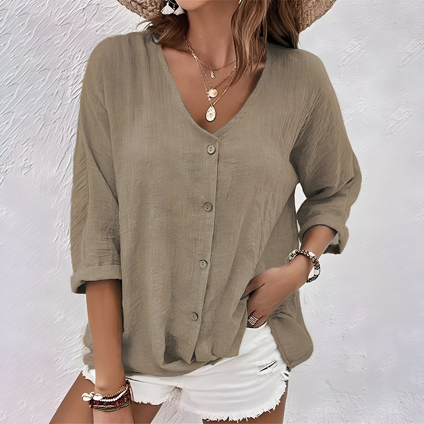 Camicetta Donna Comoda con Bottoni, Stile Casual e Versatile, Scollo a V e Maniche Arrotolate 6