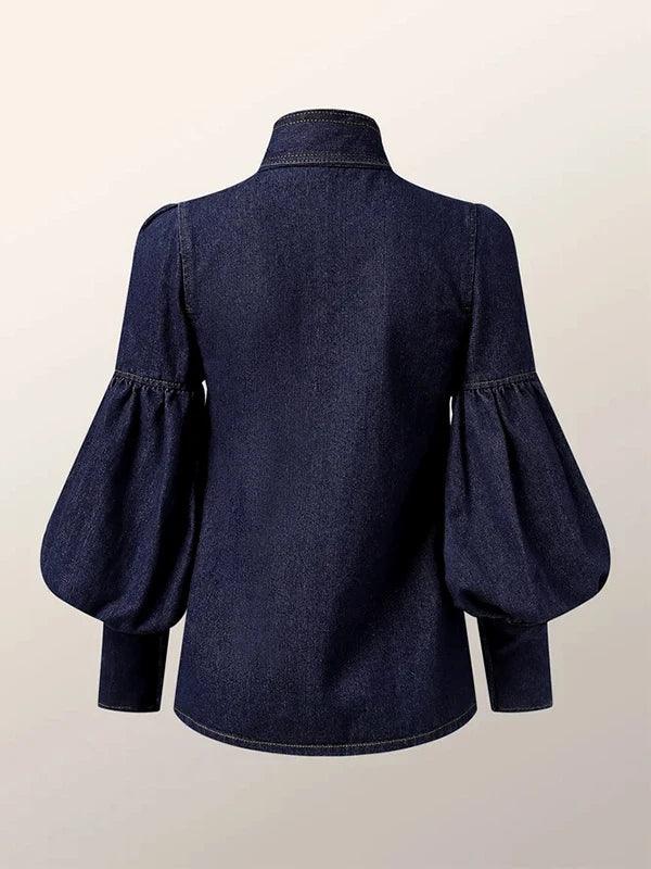 Camicia in Denim con Maniche a Palloncino e Fiocco da Donna | Elisa