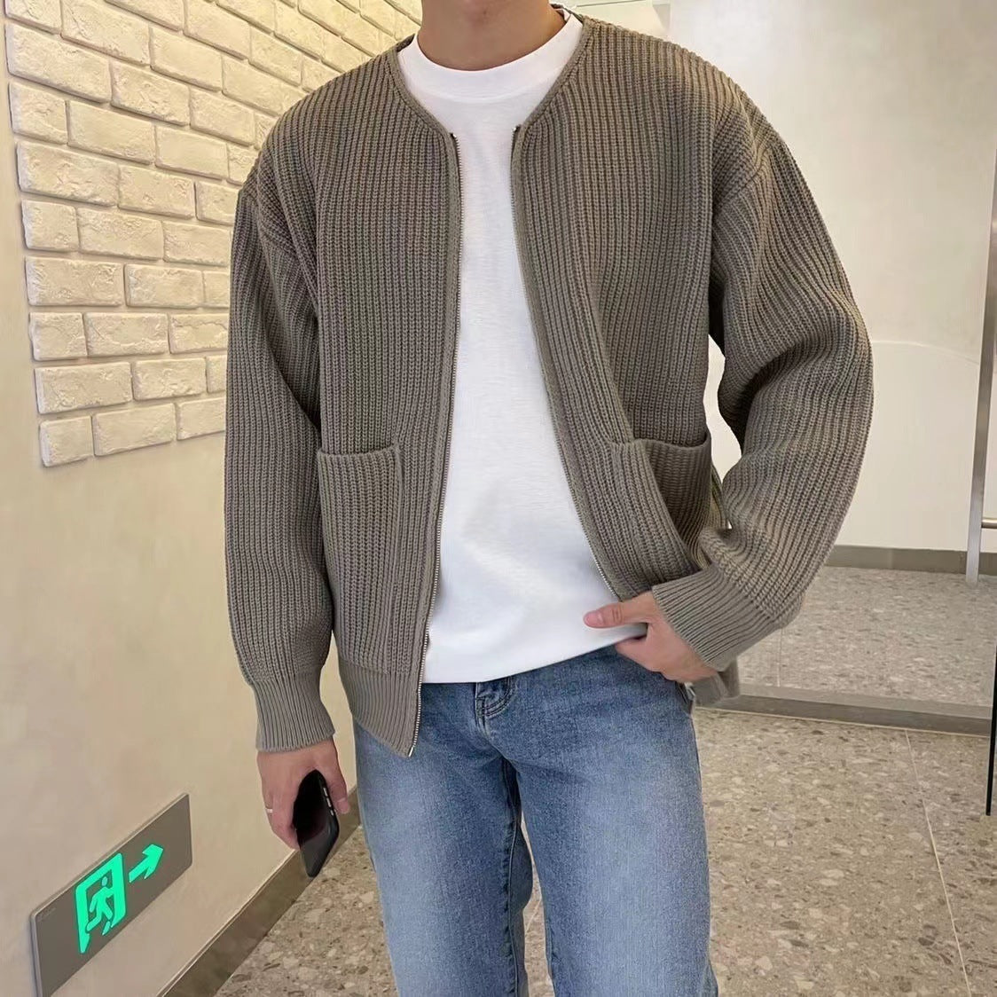 Cavolo | Cardigan con Zip e Collo Alto Kaki
