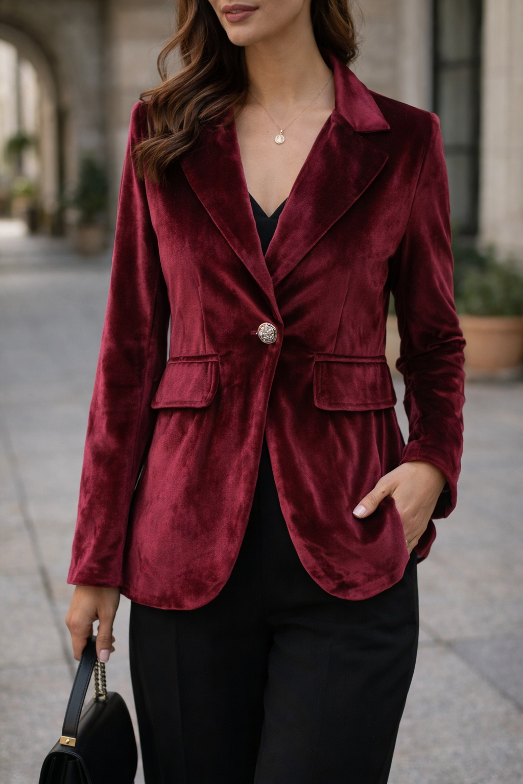 Blazer Donna in Velluto Slim con Chiusura a Bottone
