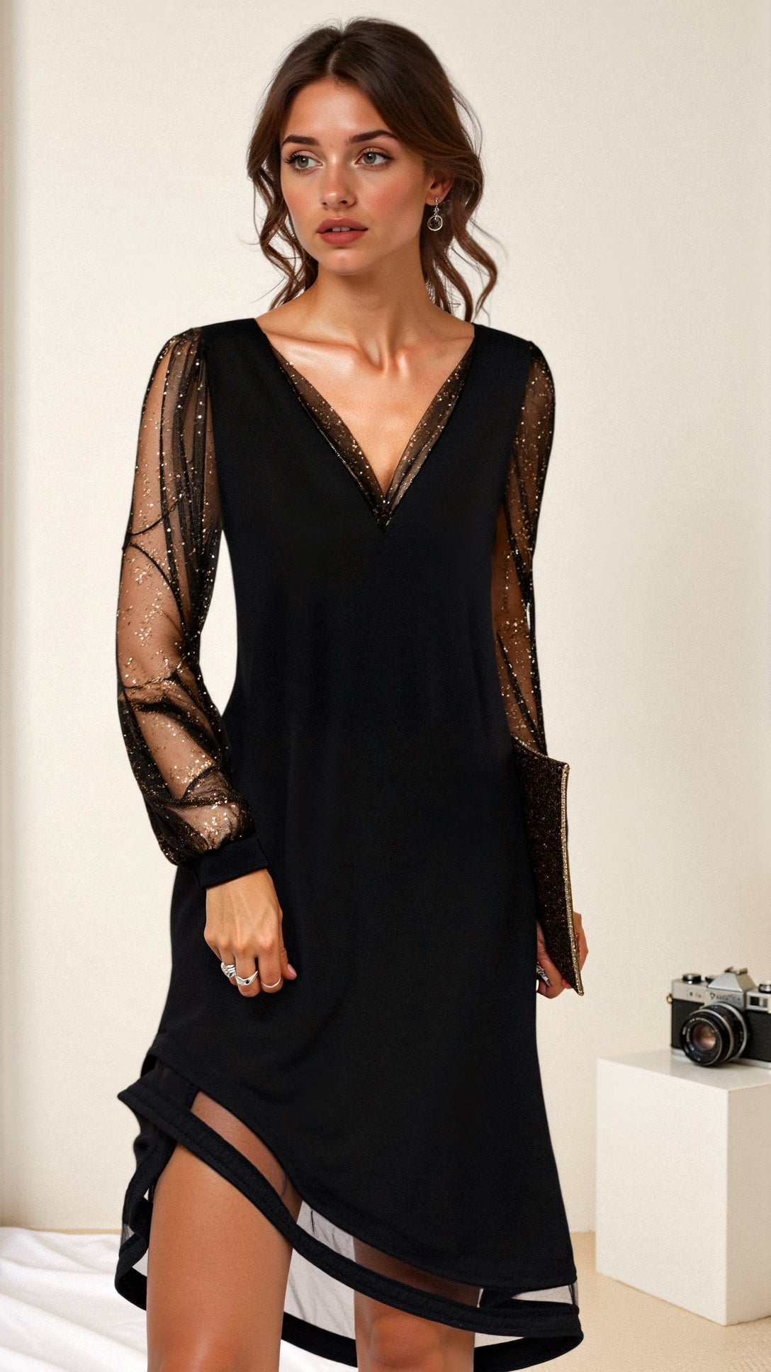 Abito Mini Donna Glitter Manica Lunga - Brentozzi