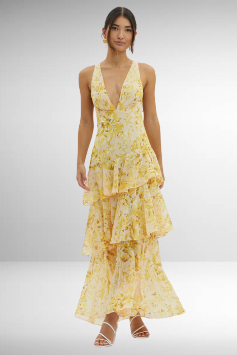 Elda | Abito Lungo Estivo in Chiffon Turchese e Zaffiro Giallo