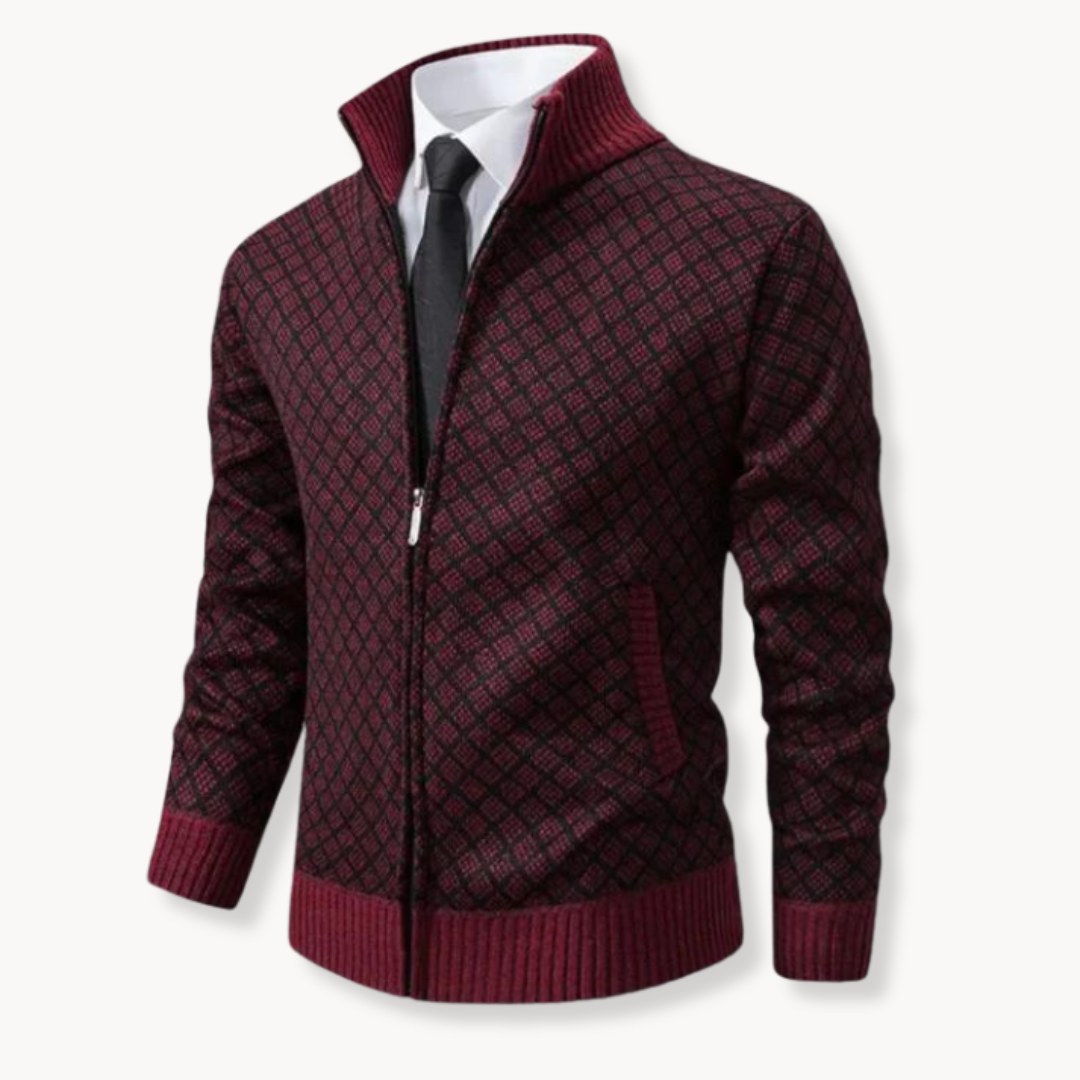 Maglione Uomo con Zip Collo a Coste e Motivo a Rilievo