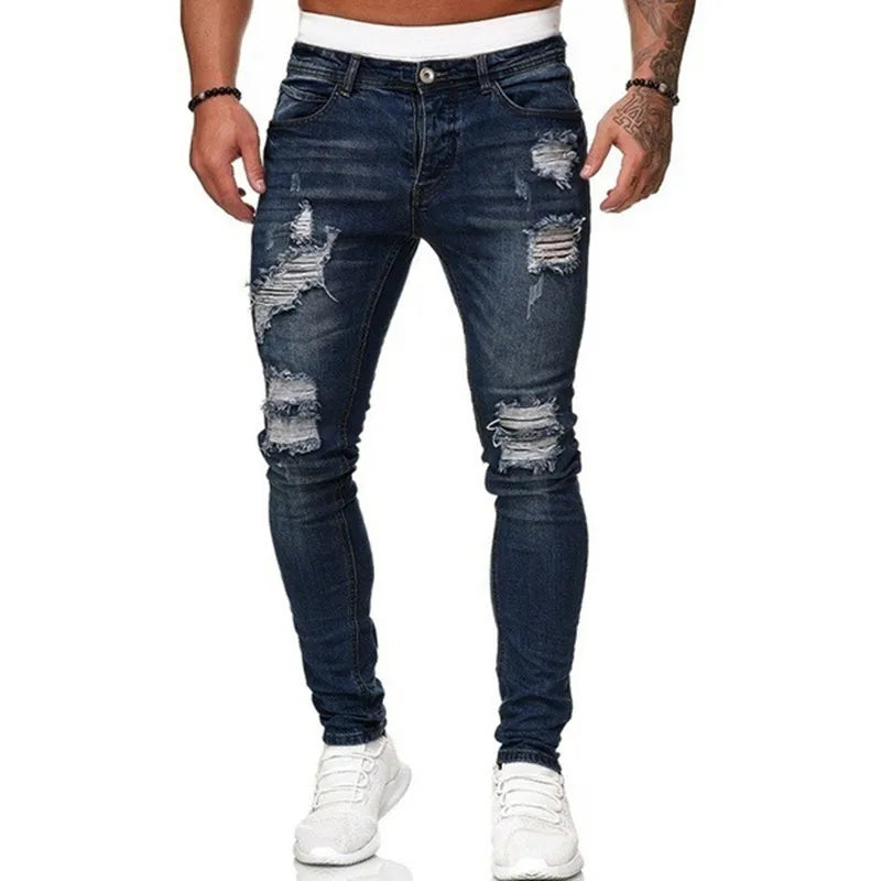 Jeans Skinny Uomo Strappati Stile Vintage Streetwear