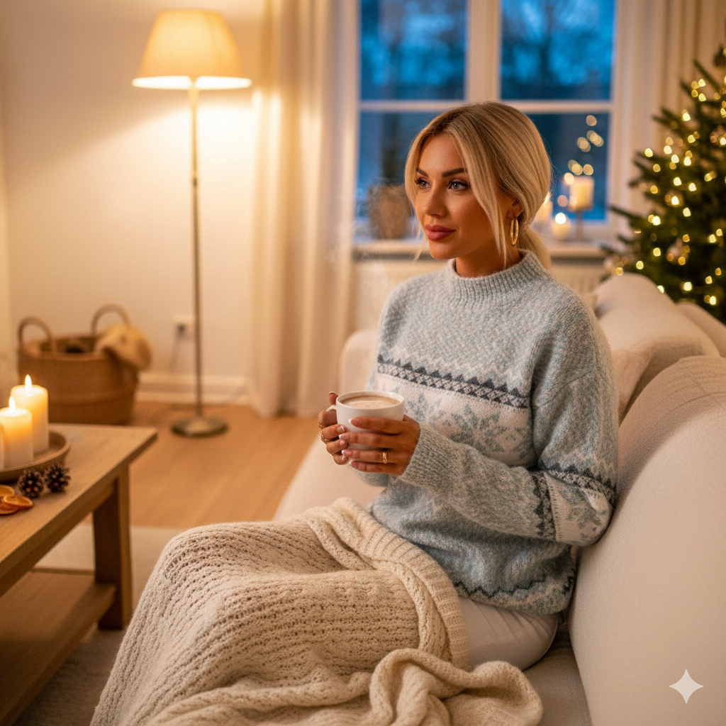 Maglione Invernale Donna Effetto Maglia con Motivo Decorativo