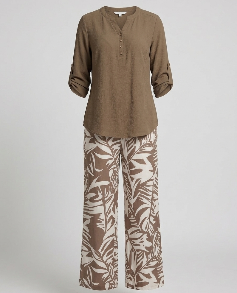 Completo Palazzo Donna Camicia Viscosa Stampa Foglie