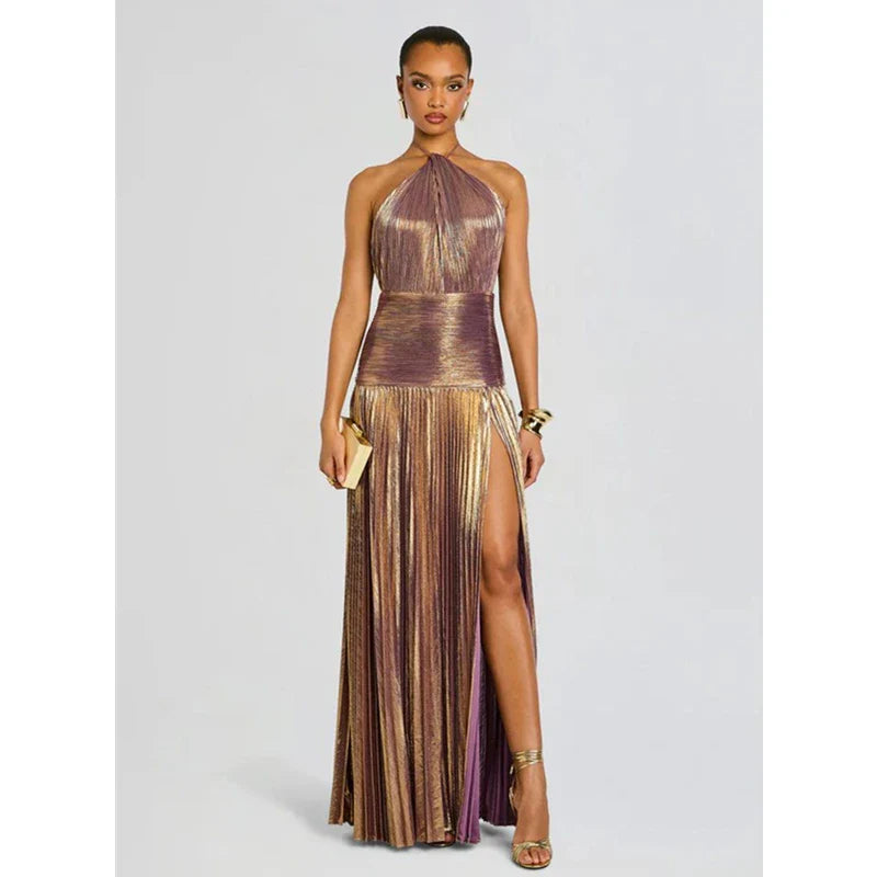 Giselle | Abito Lungo Donna Halter Plissettato Spacco Alto 17