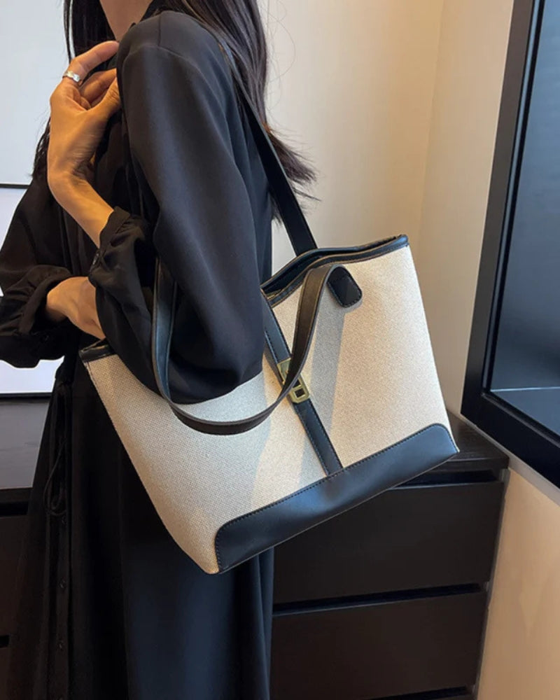 Borsa a Spalla Donna Canvas con Dettagli in Pelle Chiusura Girevole