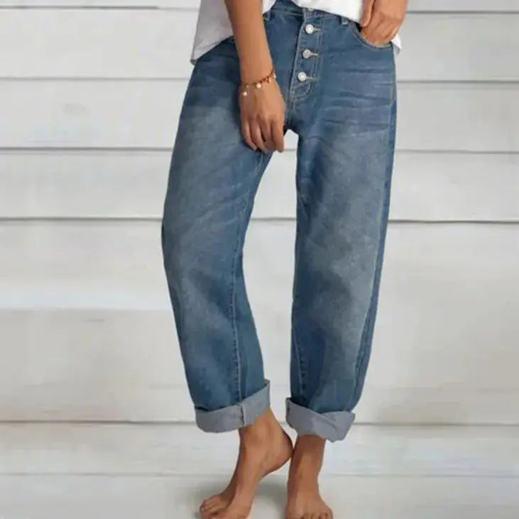 Jeans Donna Vita Alta Bottoni Vestibilità Ampia