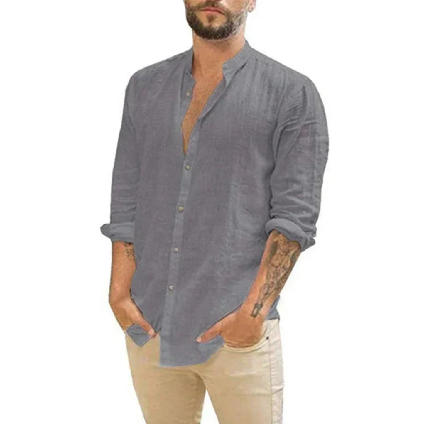 Camicia Uomo Lino Manica Lunga Colletto alla Coreana
