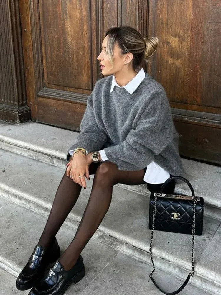 Mavione | Maglione Girocollo Oversize Testurizzato Grigio Scuro S