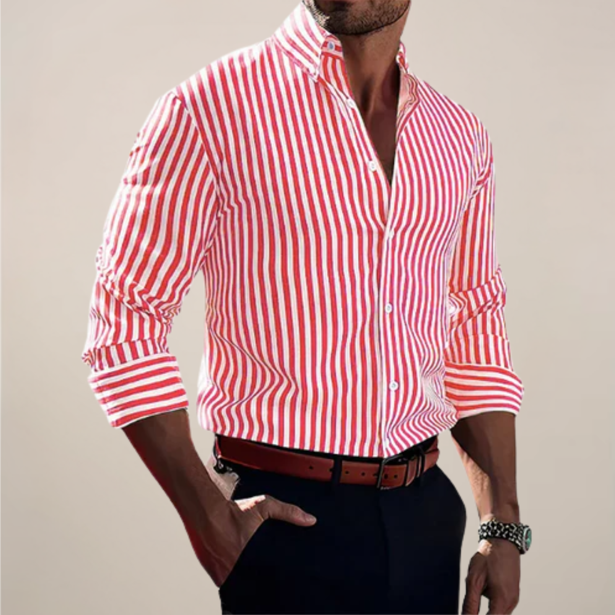 Camicia Uomo Casual A Righe Manica Lunga