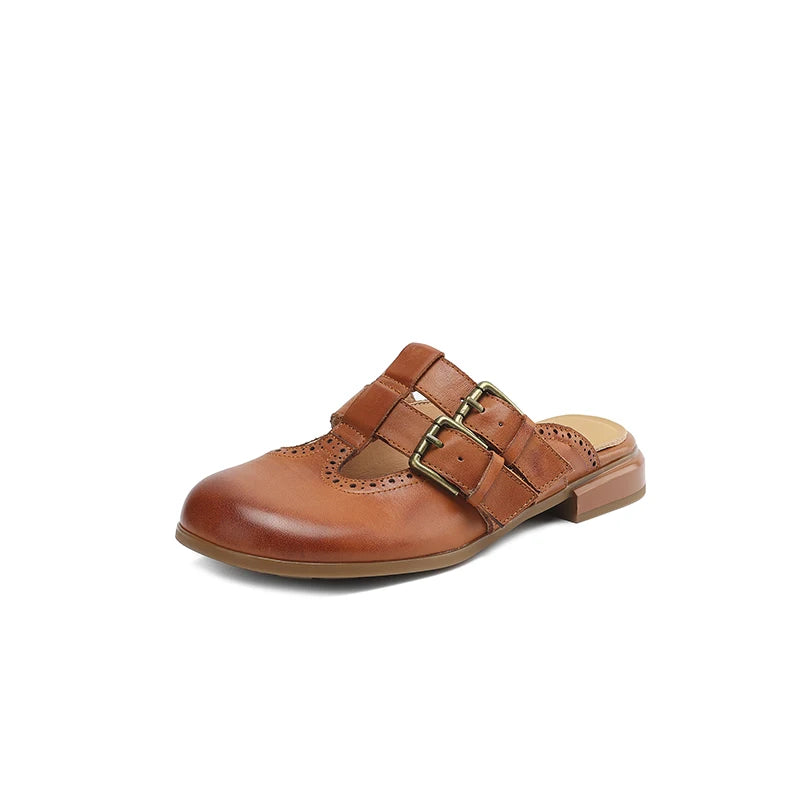 Mia | Donna Mule Piatte Pelle Doppia Fibbia Dettaglio Brogue 8