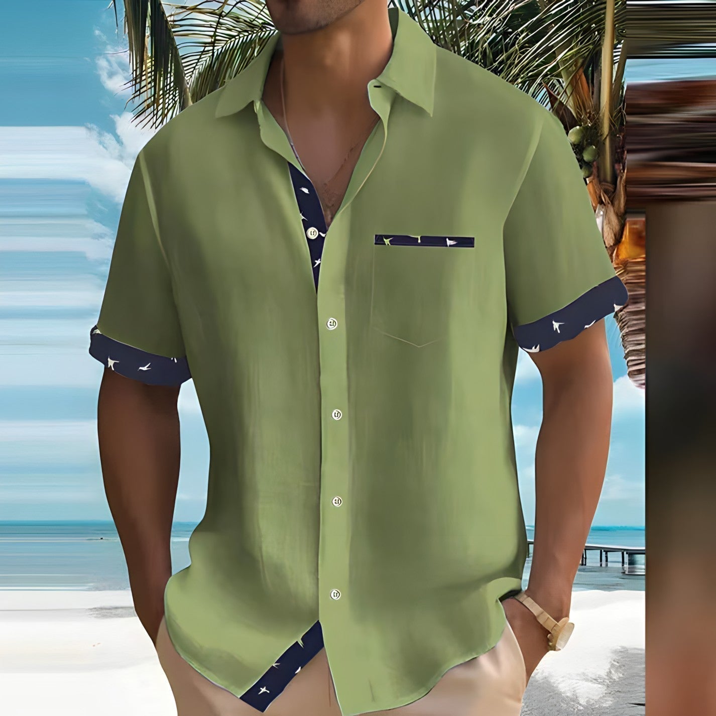 Camicia Uomo Manica Corta con Inserti a Contrasto