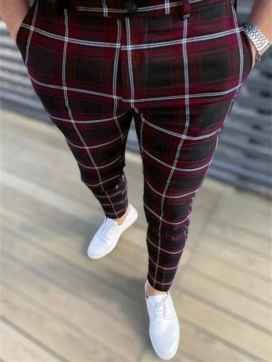 Pantaloni Uomo Tessuto Fantasia Linee Definite Slim Fit