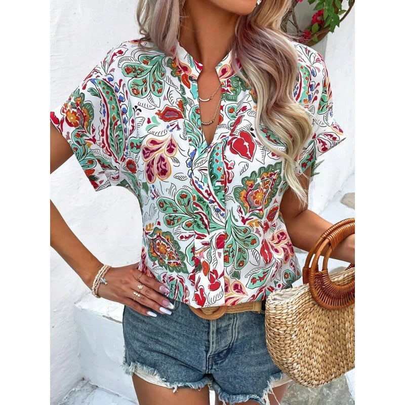 Blusa Donna con Motivo Floreale e Maniche Svolazzanti