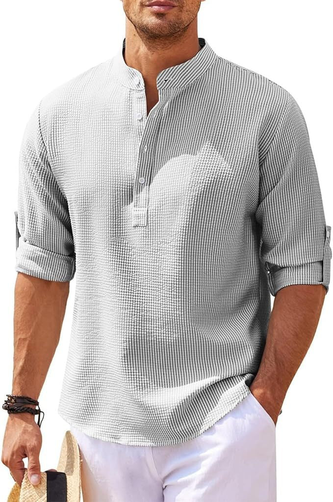 Camicia Henley Uomo Manica Lunga Stile Casual
