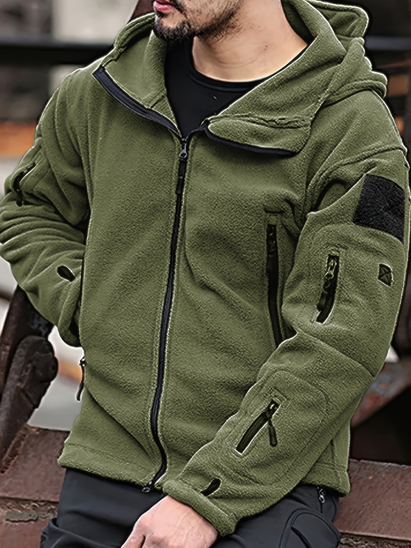 Hugo | Uomo Giacca Fleece Tattica con Cappuccio Full-Zip 4