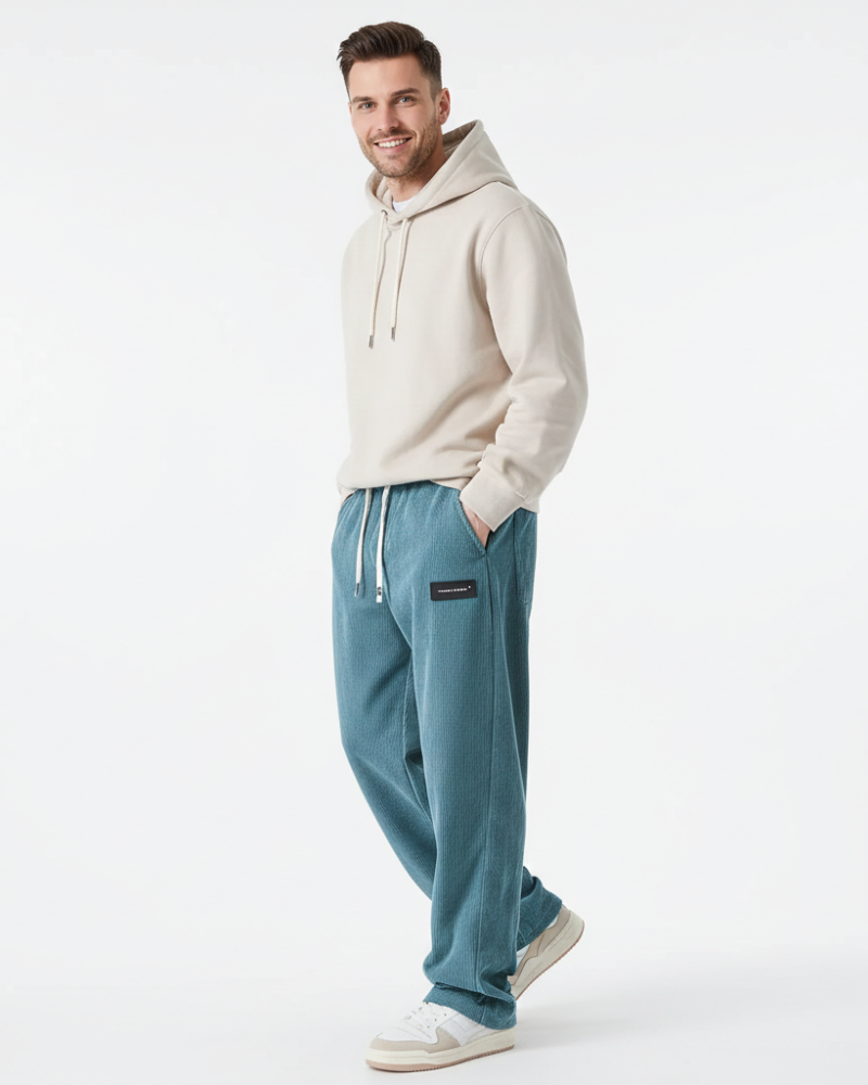 Quinno | Uomo Pantaloni Velluto a Coste Vita Regolabile Blu