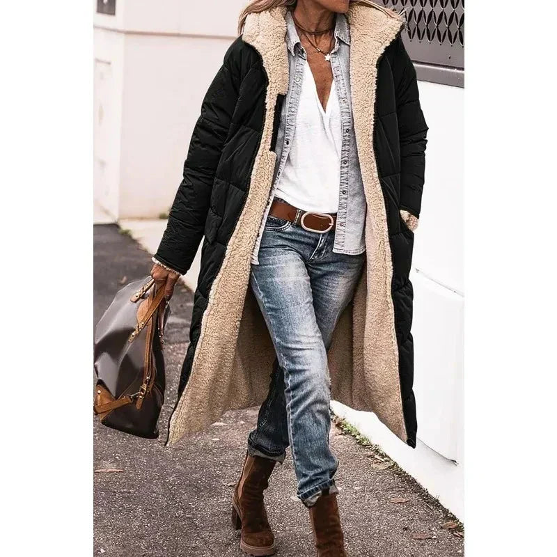 Cappotto Lungo Donna Invernale con Cappuccio Imbottito Maxipetto