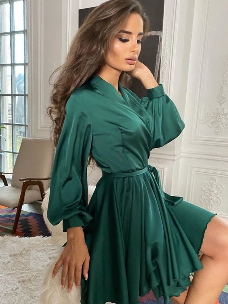 Abito Lungo Donna in Satin Manica Lunga con Ruches