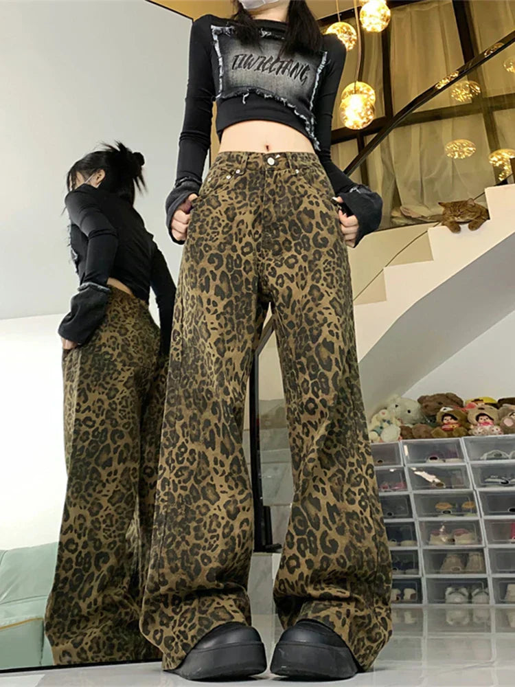 Jeans Donna con Gamba Larga e Motivo Animalier
