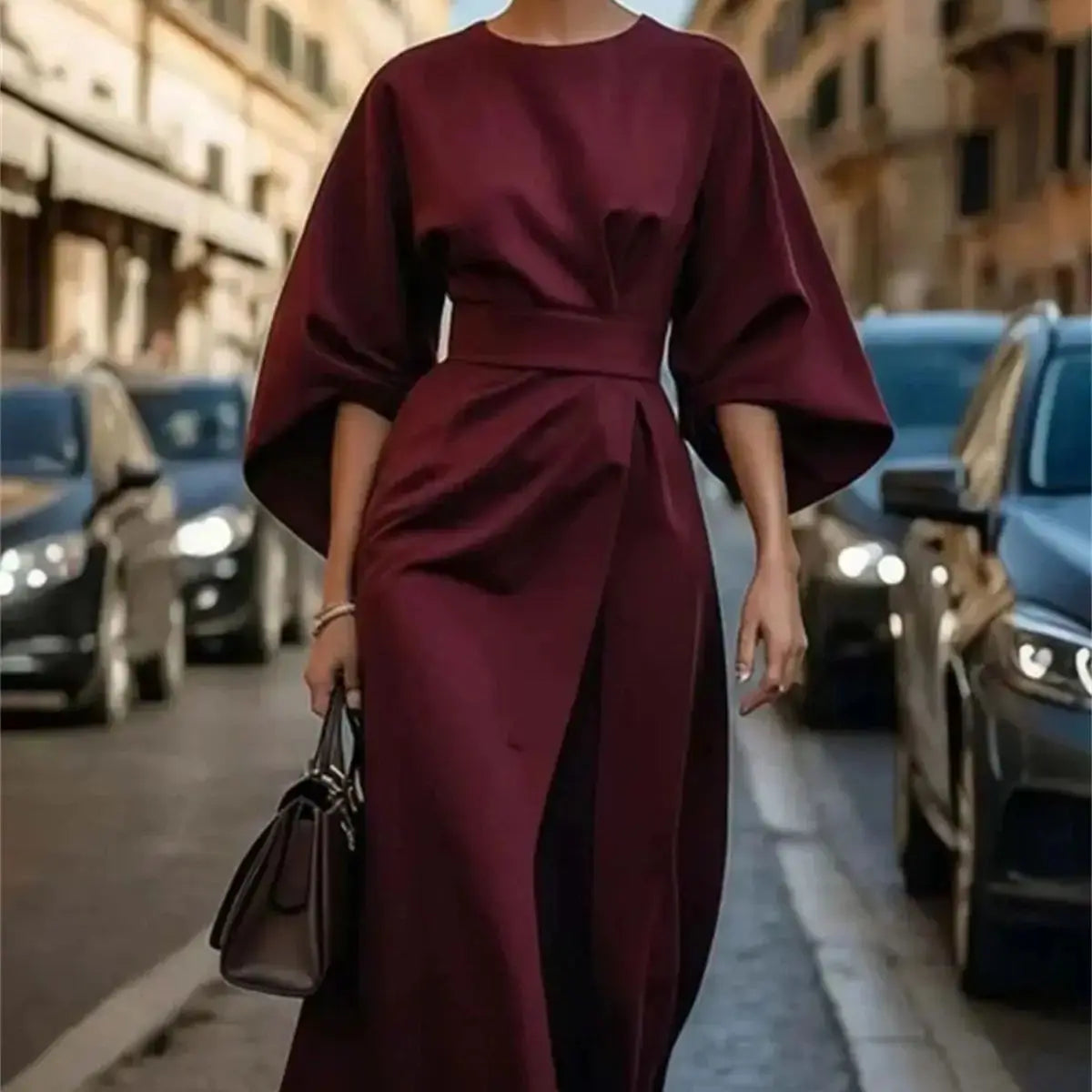 Abito Midi Donna Formale con Manica a Palloncino