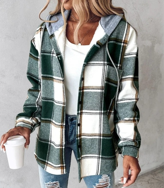Giacca Donna a Quadri con Cappuccio Overshirt Comoda Autunno Inverno