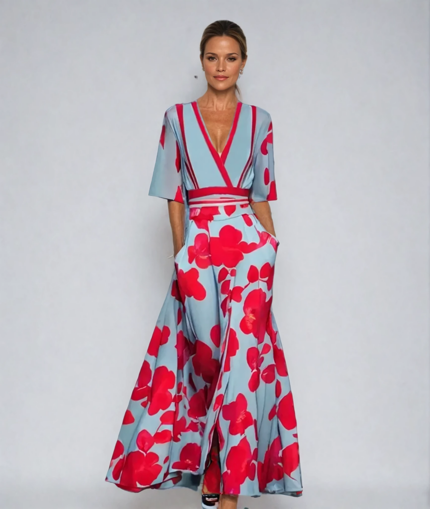 Abito Maxi Donna Fantasia Floreale Scollo a V