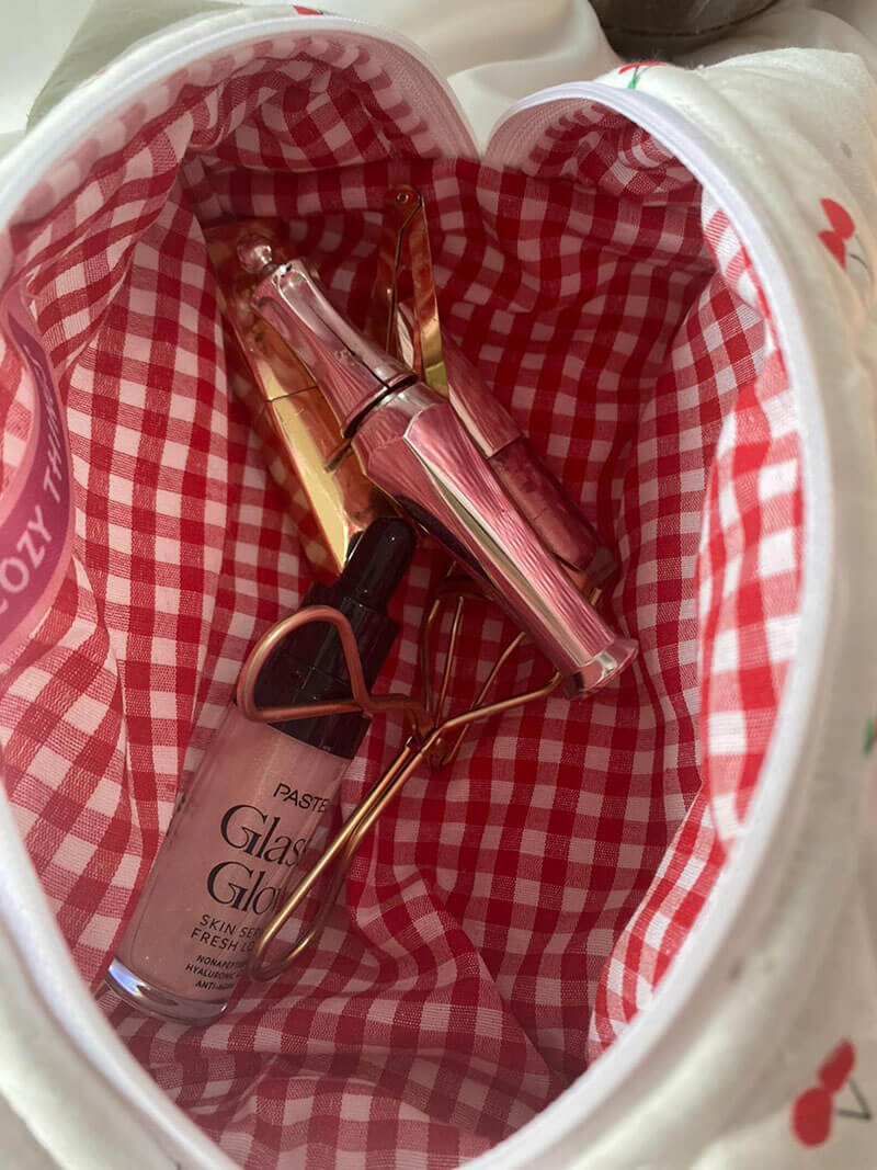 Beauty Case Donna Tessuto con Motivo a Ciliegie Compatto